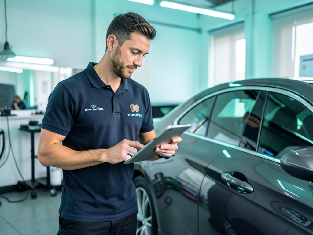 Detailing job being managed on a tablet in a workshop